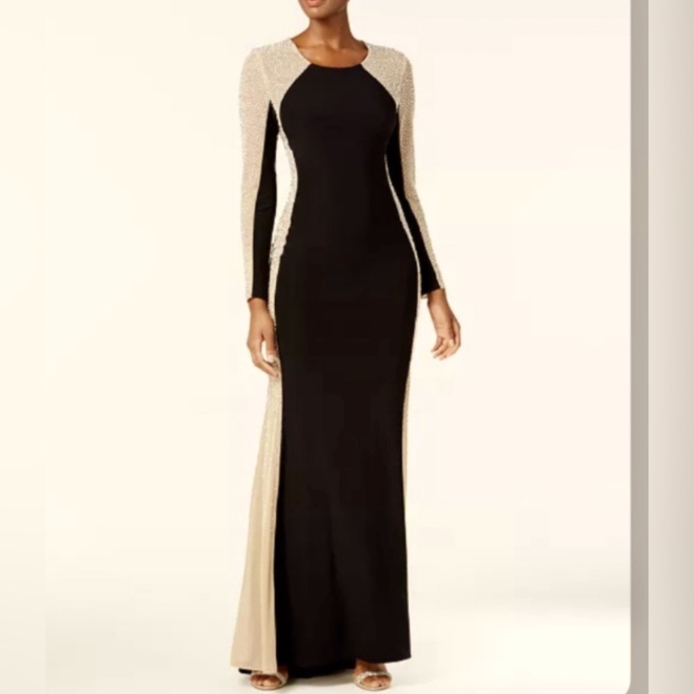 XSCAPE-Rhinestone Long Sleeve Illusion Gown in Black/Tan Size 12